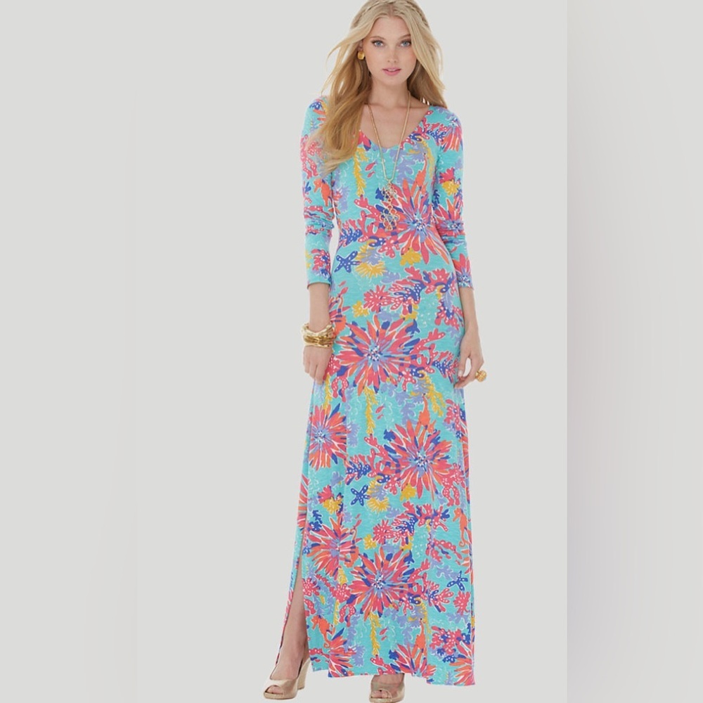 Lilly Pulitzer Trippin & Sippin LAUREN Dress Sz M Blue Pink Floral Maxi Stretchy